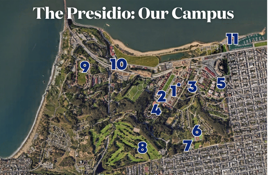 Aerial view of the Bay School's home venues in Presidio National Park